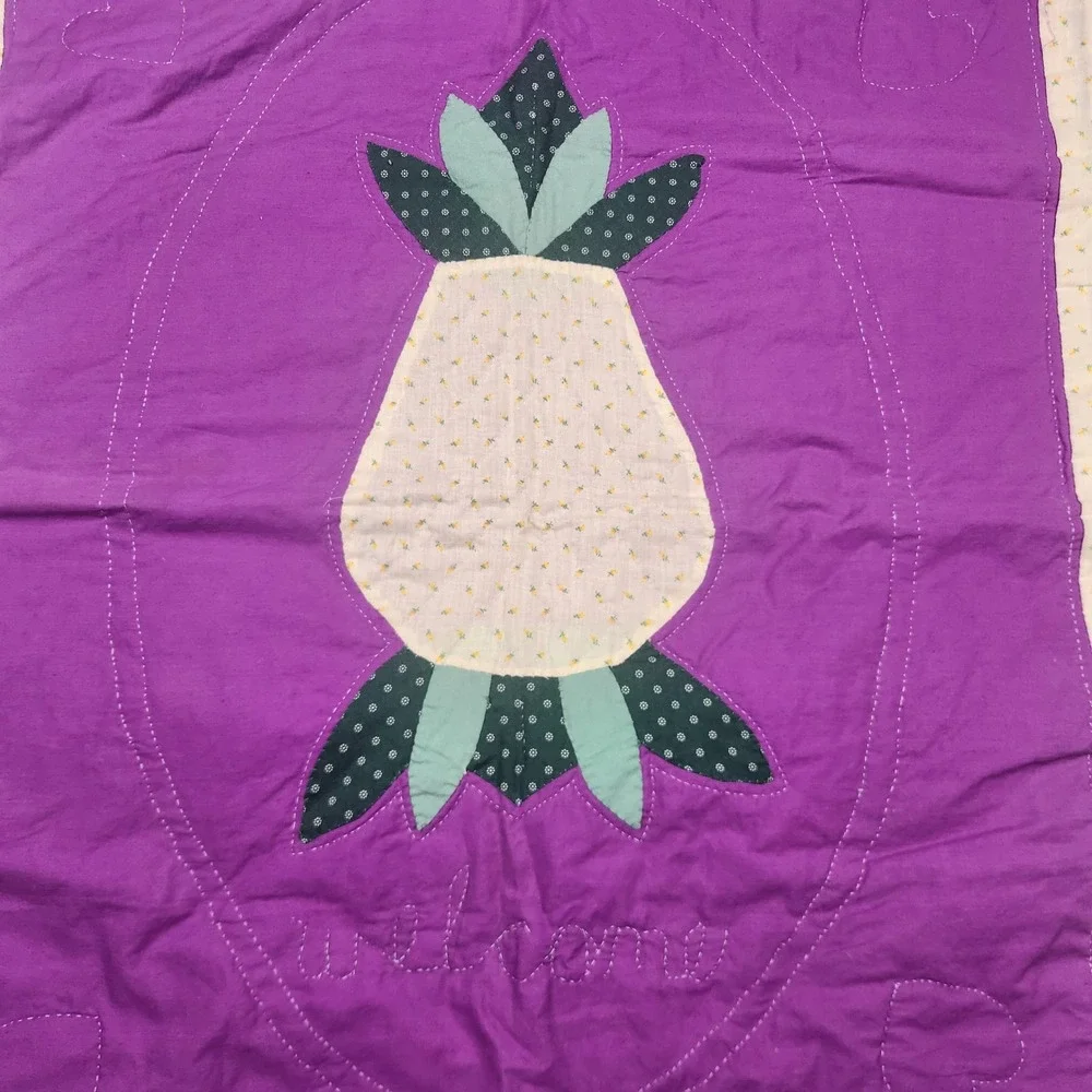 Vintage Hand Stitched Pineapple Welcome Quilt Wall Hanging Purple Green 25x31